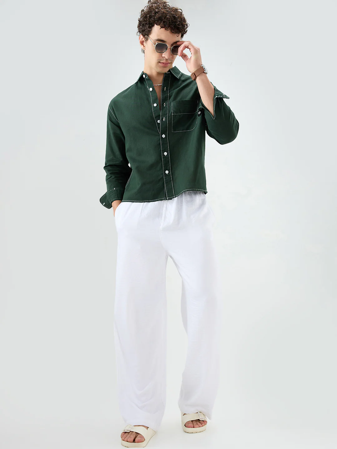 Luxe Sacramento Green Contrast Stitch Linen Blend Boxy Fit Crop Shirt - Image 8
