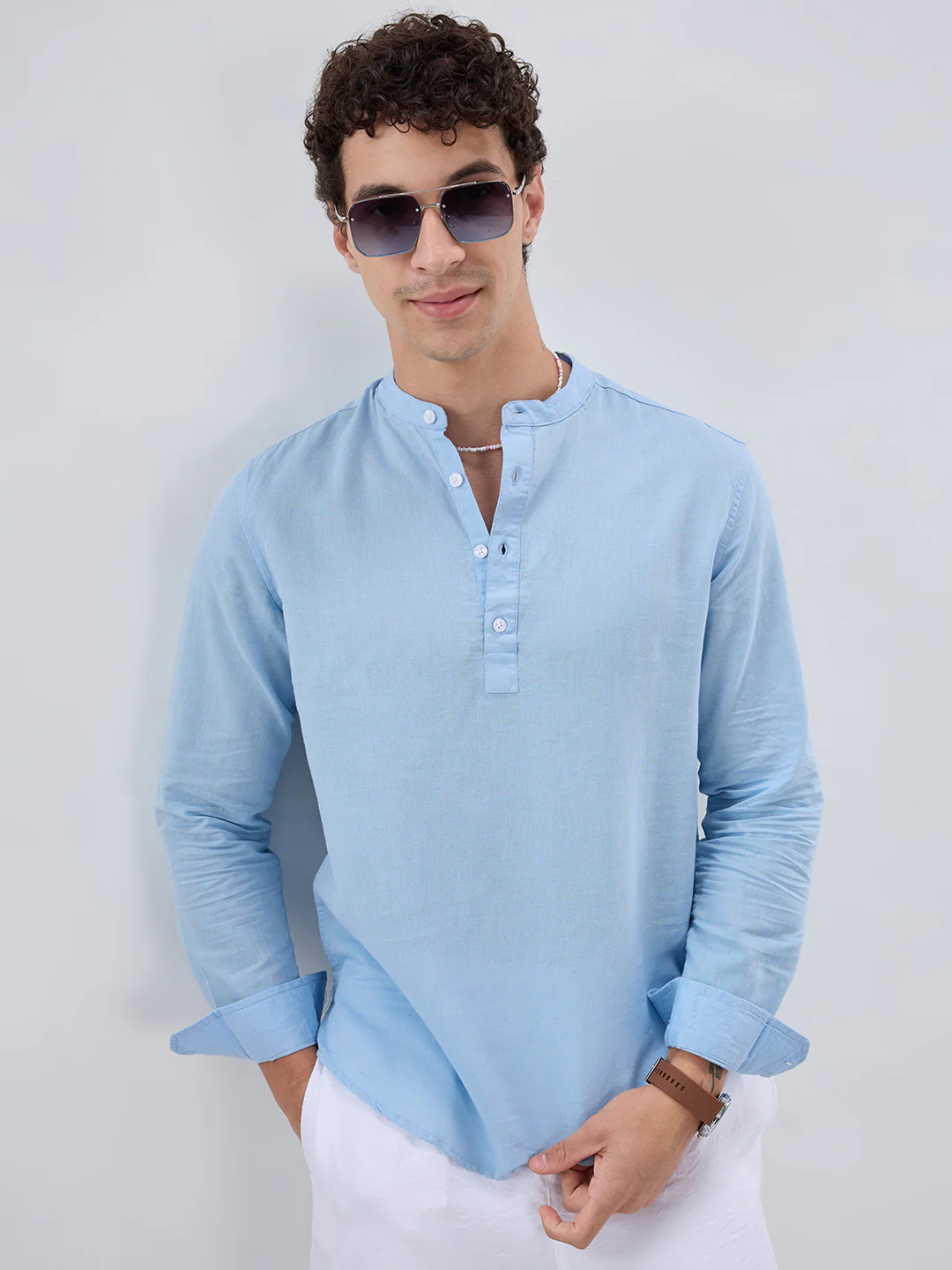 Luxe Sky Blue Linen Blend Kurta - Image 2