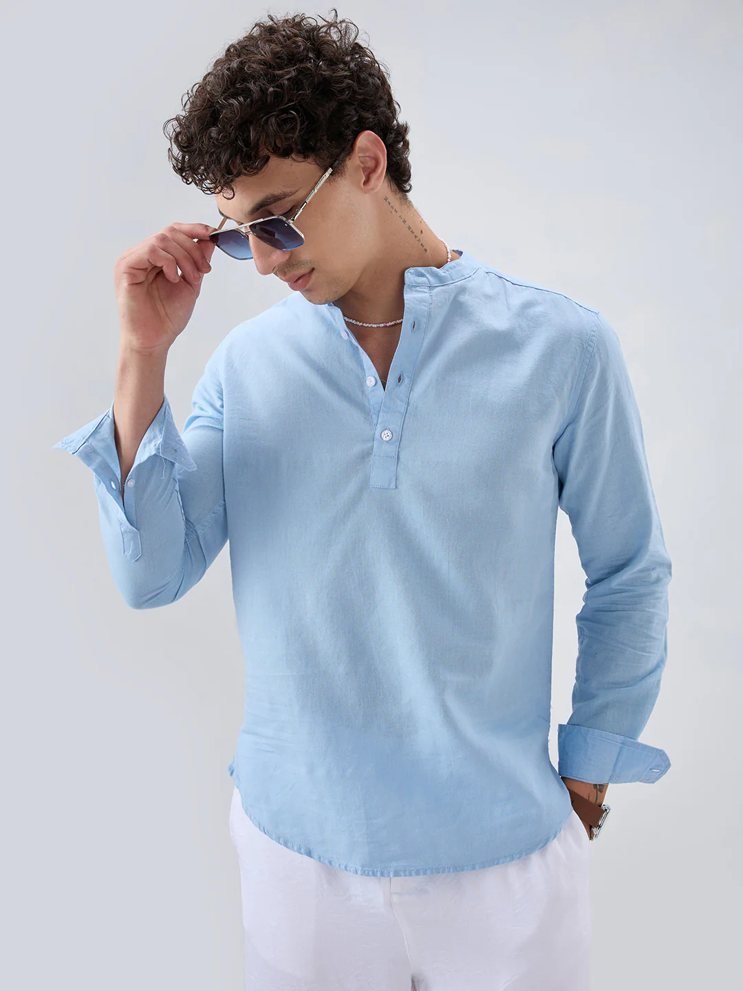 Luxe Sky Blue Linen Blend Kurta - Image 4