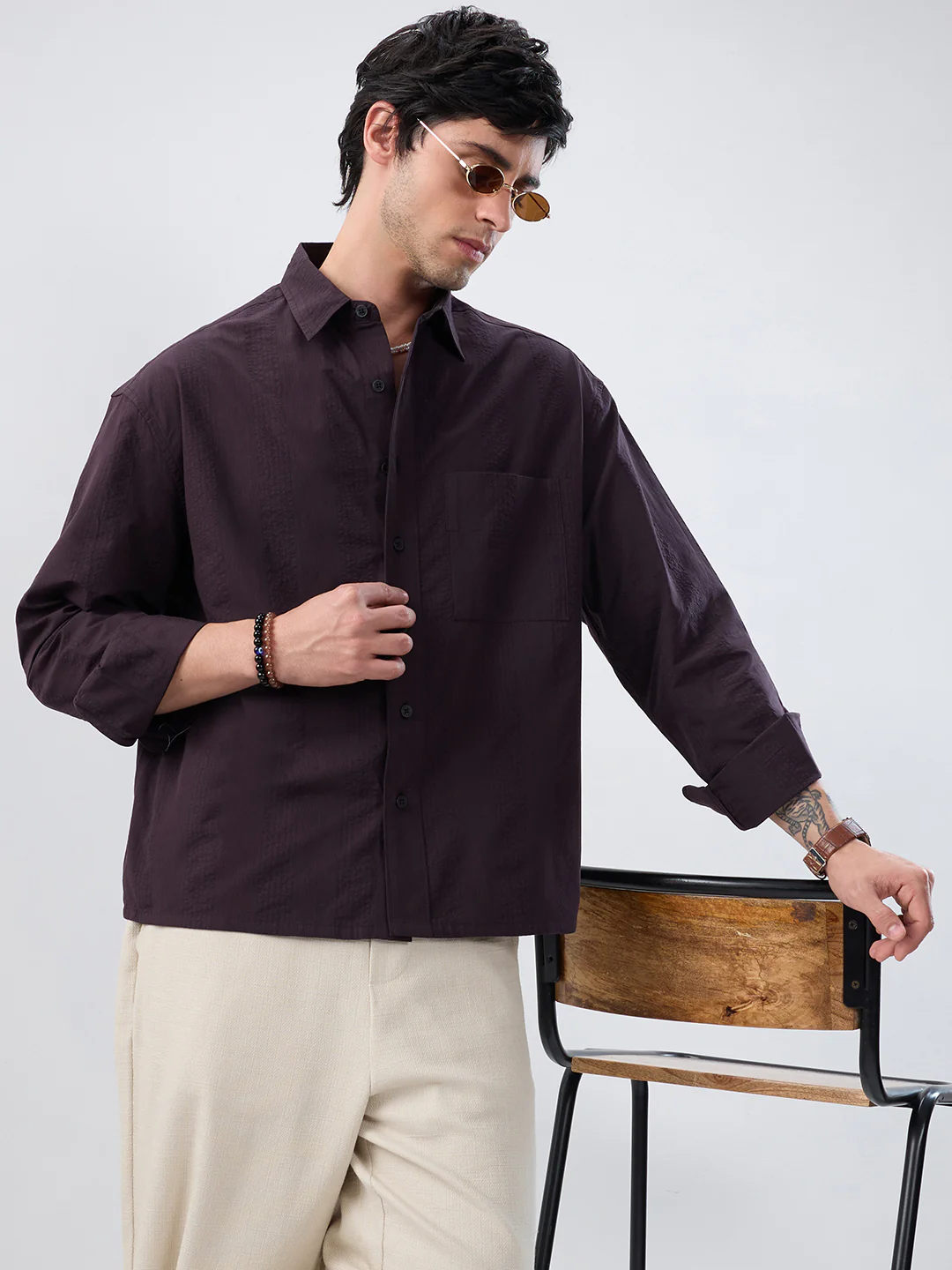 Luxe Walnut Brown Refined Striped Seersucker Boxy Fit Crop Shirt - Image 2
