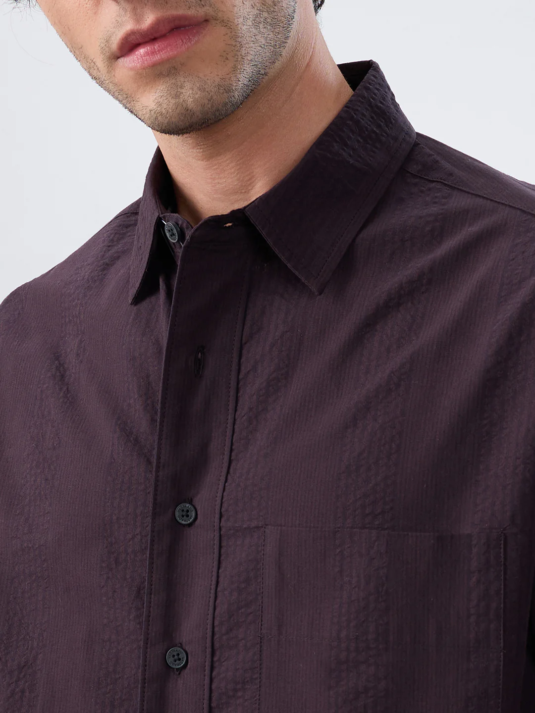 Luxe Walnut Brown Refined Striped Seersucker Boxy Fit Crop Shirt - Image 3
