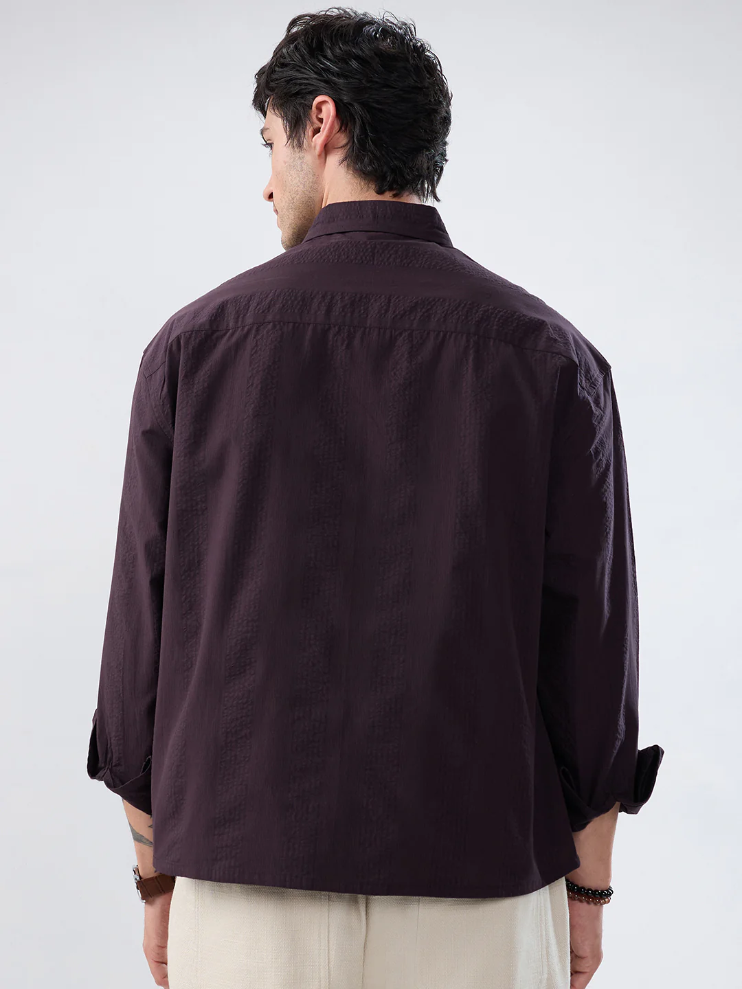 Luxe Walnut Brown Refined Striped Seersucker Boxy Fit Crop Shirt - Image 4