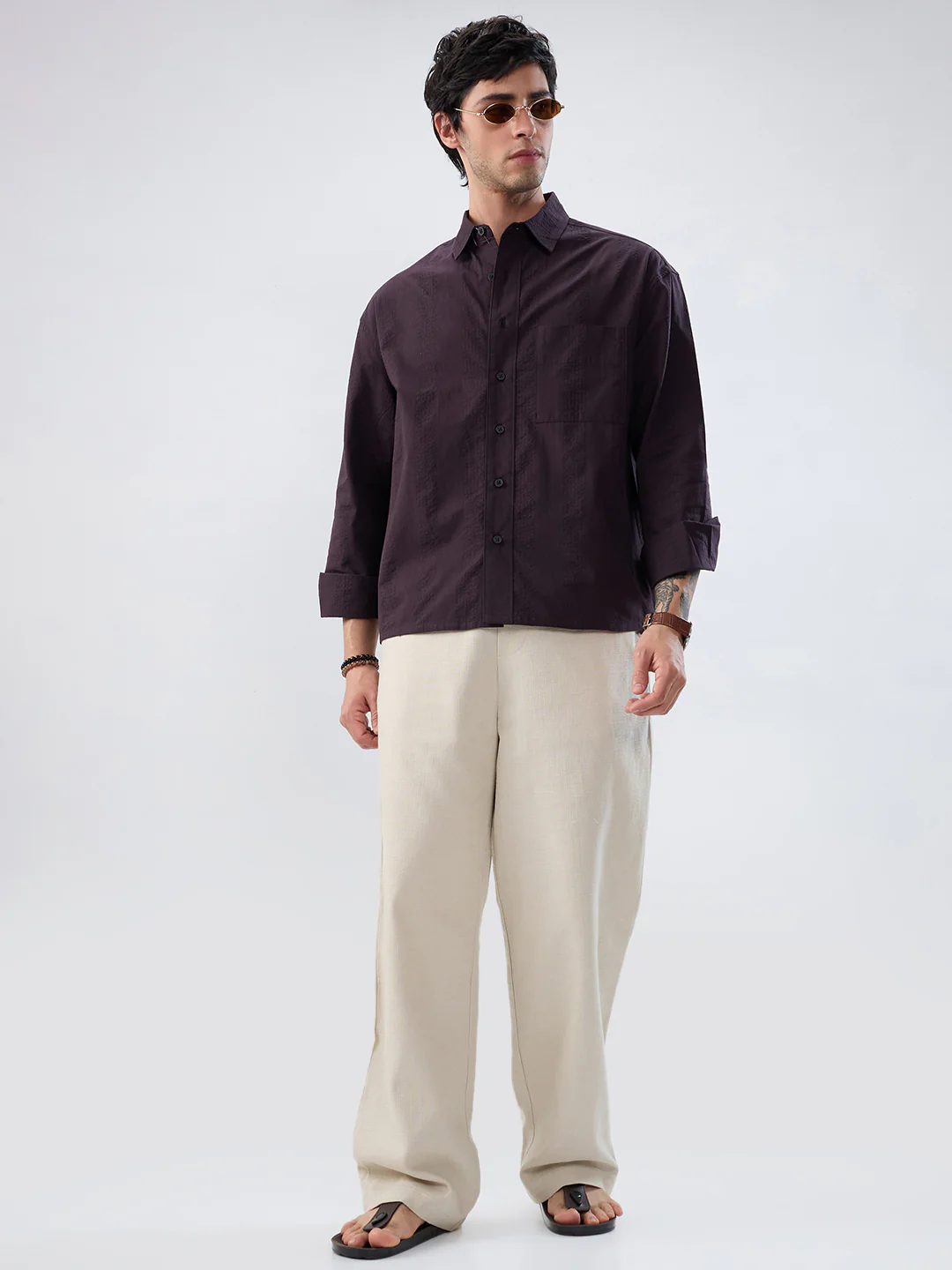 Luxe Walnut Brown Refined Striped Seersucker Boxy Fit Crop Shirt - Image 5