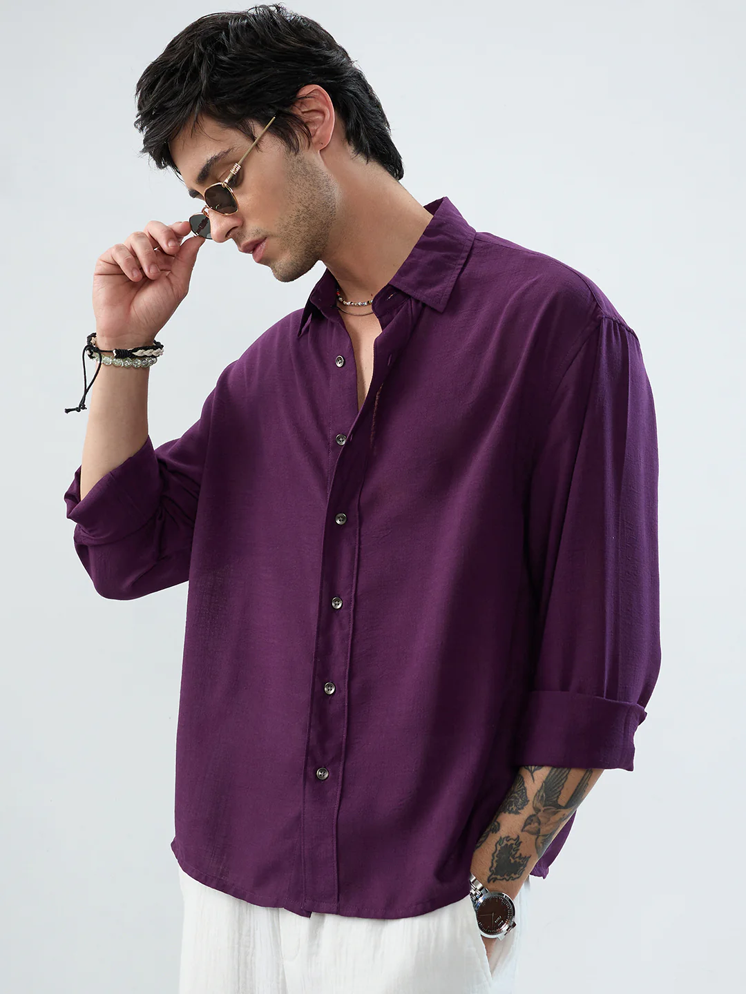 Majestic Purple Soft Sheer Boxy Fit Crop Shirt