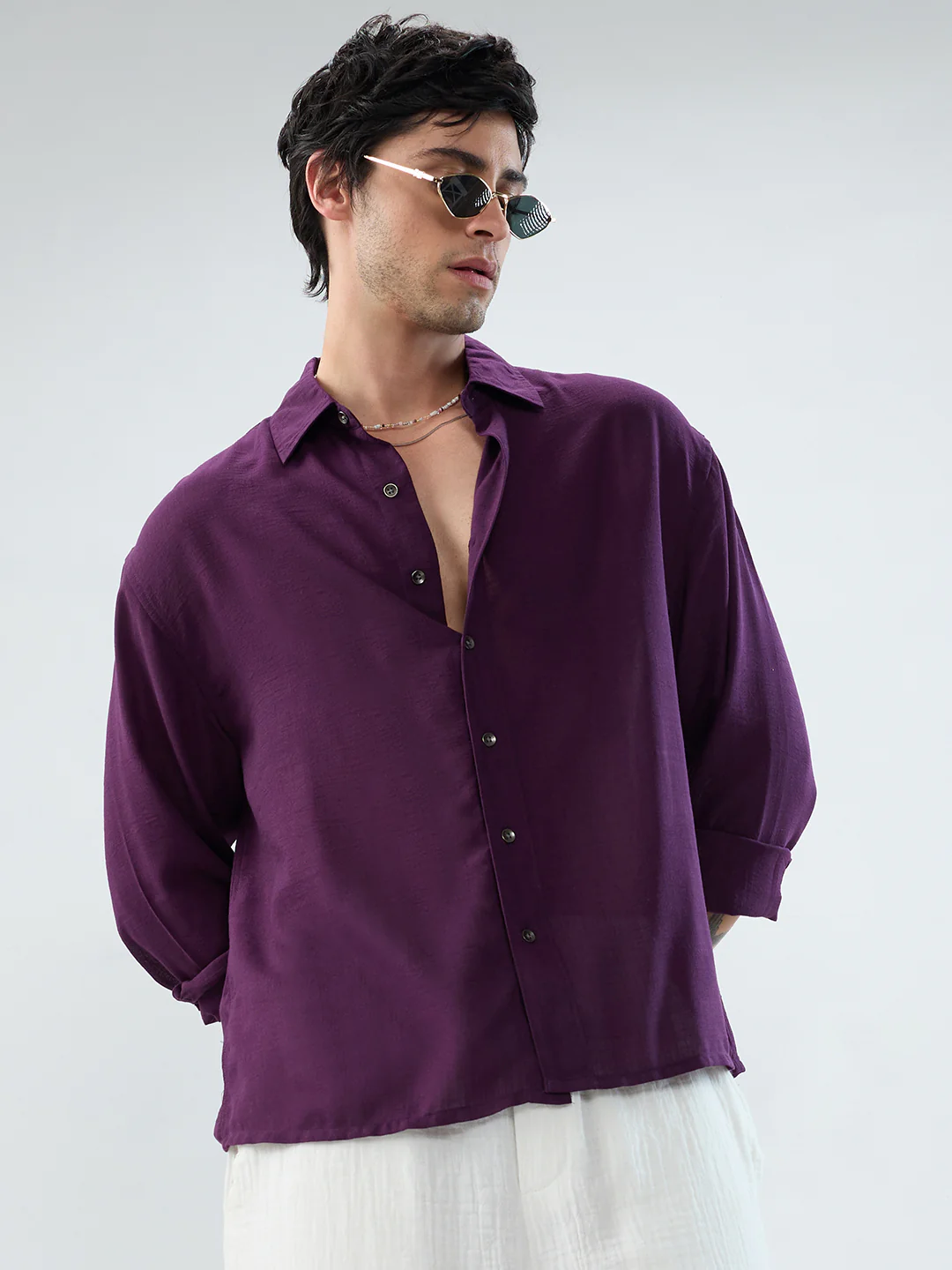 Majestic Purple Soft Sheer Boxy Fit Crop Shirt - Image 2