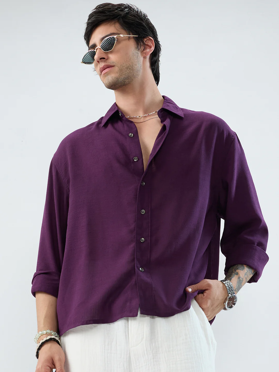 Majestic Purple Soft Sheer Boxy Fit Crop Shirt - Image 4