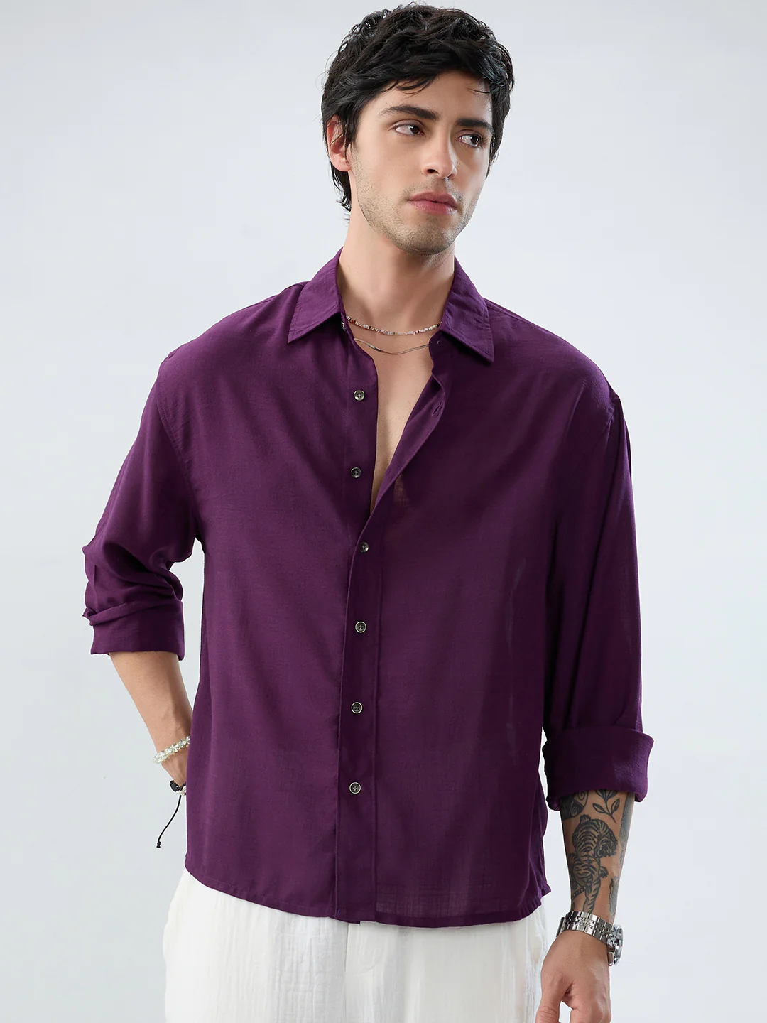 Majestic Purple Soft Sheer Boxy Fit Crop Shirt - Image 5