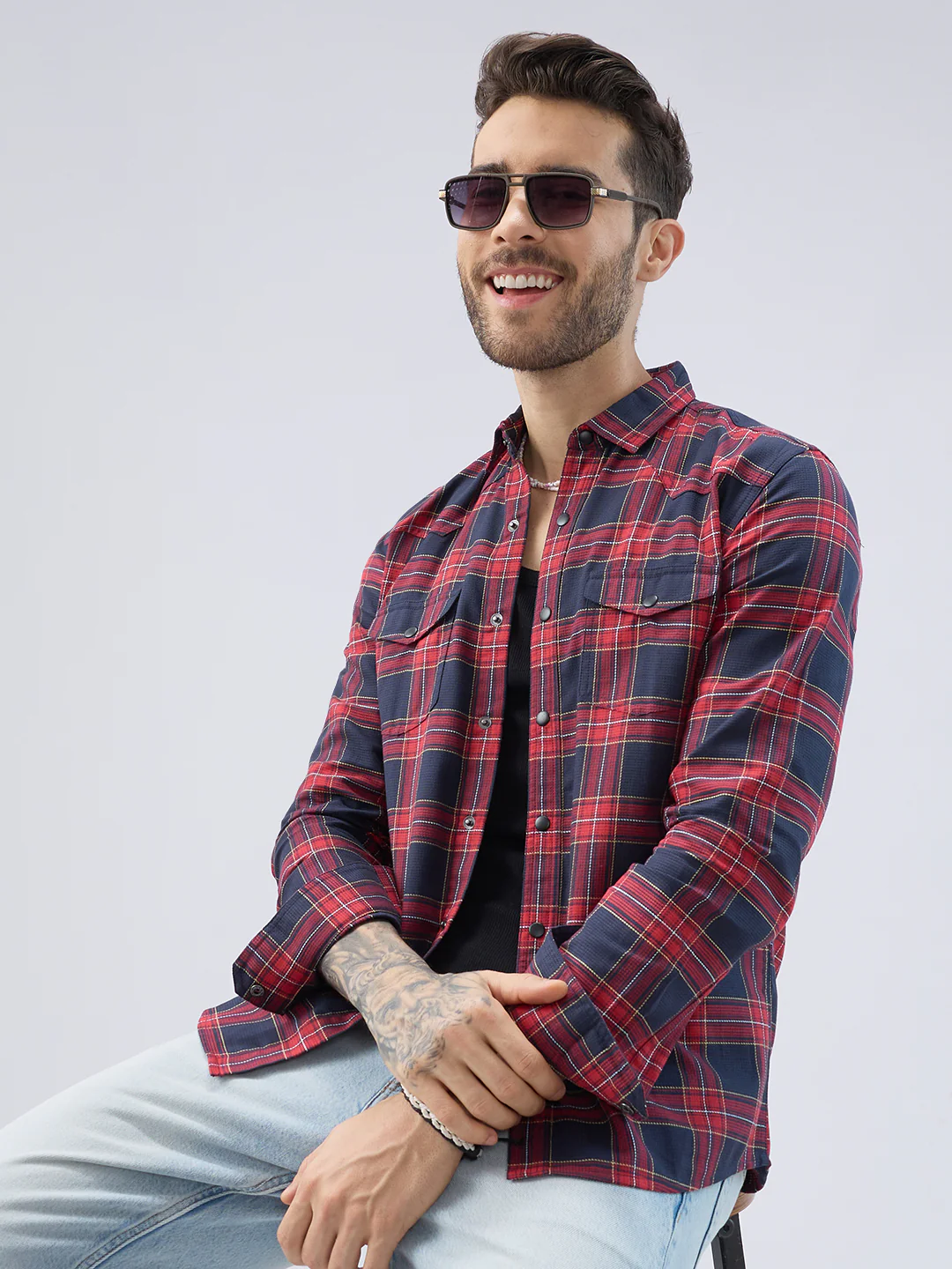 Majestic Red & Navy Tartan Checkered Twin Pocket Shirt - Image 2
