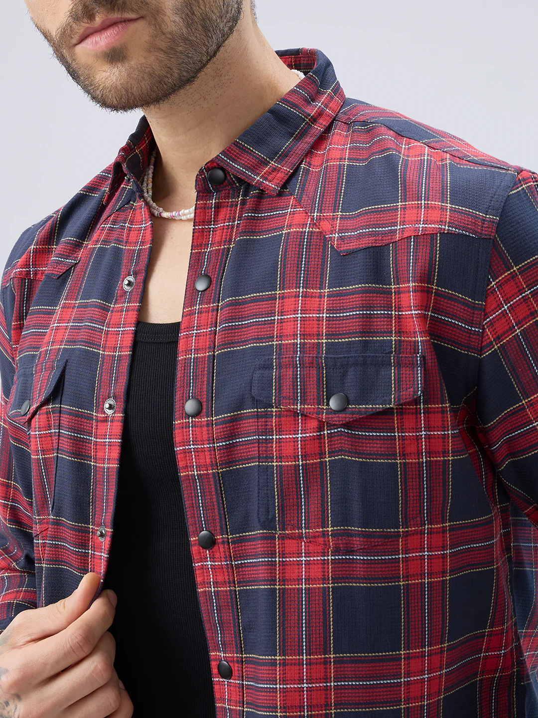 Majestic Red & Navy Tartan Checkered Twin Pocket Shirt - Image 3