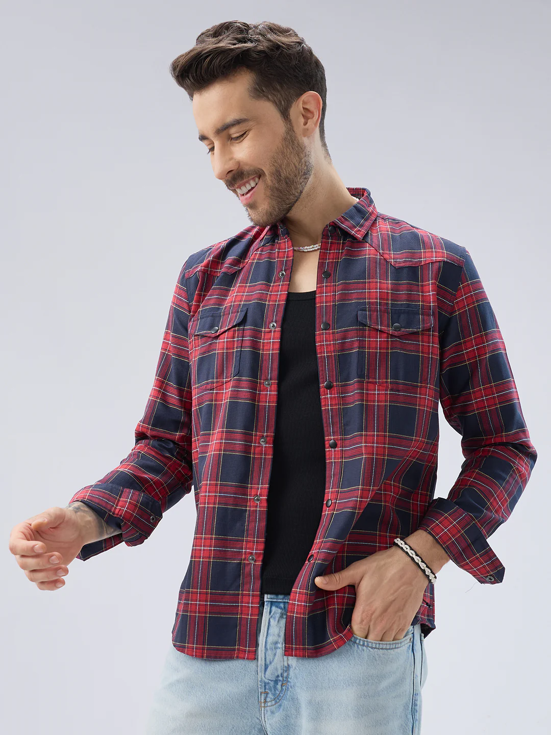 Majestic Red & Navy Tartan Checkered Twin Pocket Shirt - Image 4