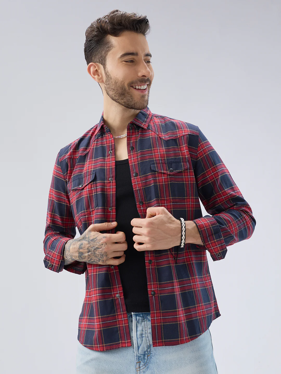 Majestic Red & Navy Tartan Checkered Twin Pocket Shirt - Image 5