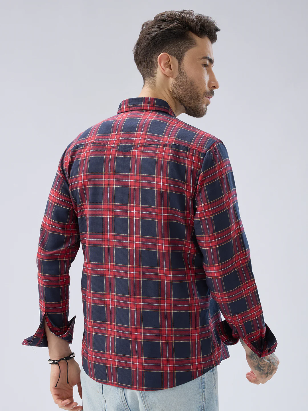 Majestic Red & Navy Tartan Checkered Twin Pocket Shirt - Image 6
