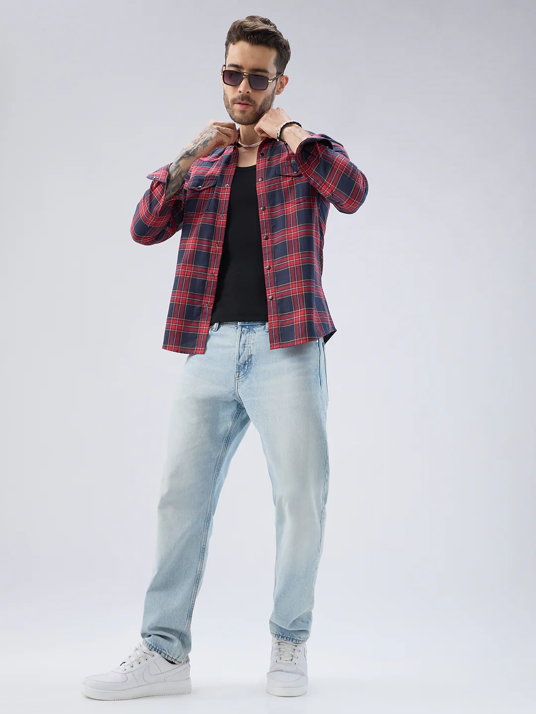 Majestic Red & Navy Tartan Checkered Twin Pocket Shirt - Image 7