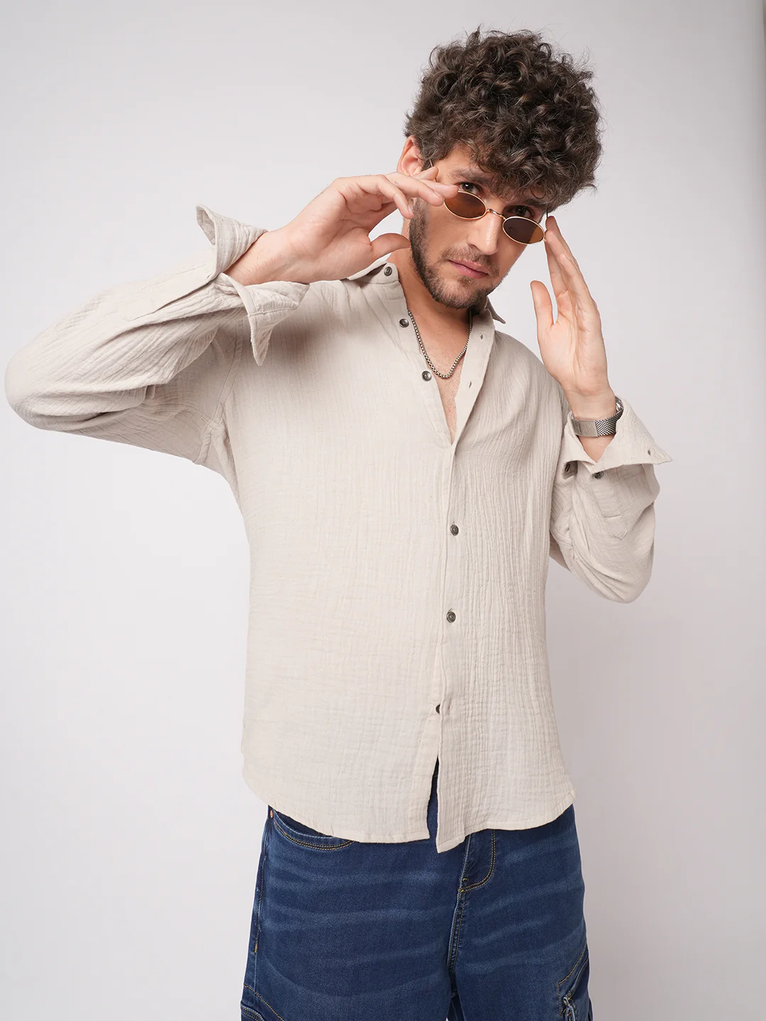 Malibu Beige Double Cloth Crinkled Shirt