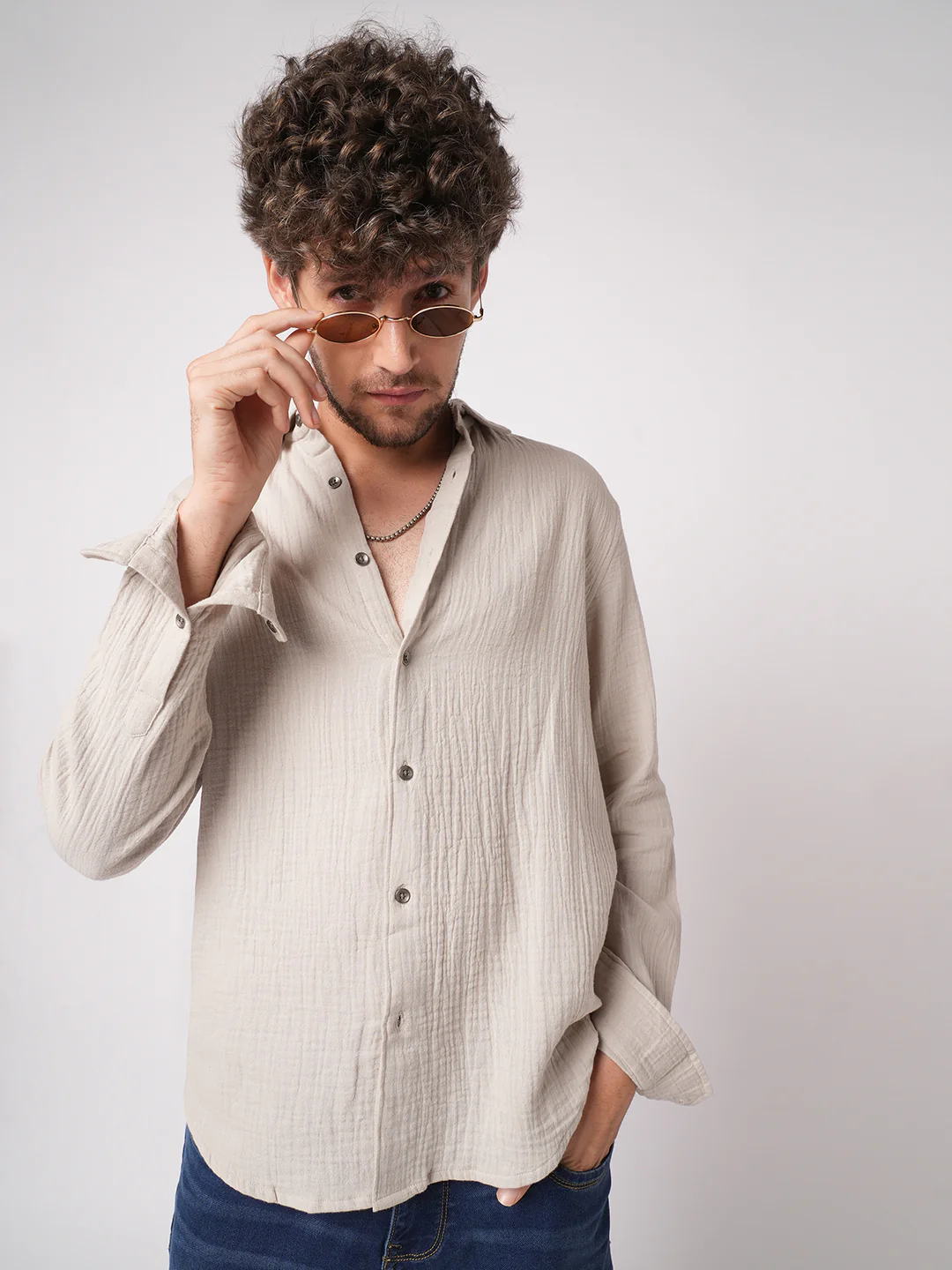 Malibu Beige Double Cloth Crinkled Shirt - Image 4