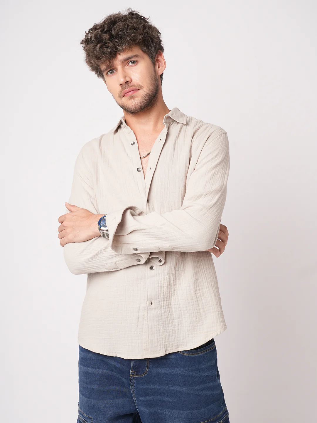 Malibu Beige Double Cloth Crinkled Shirt - Image 5