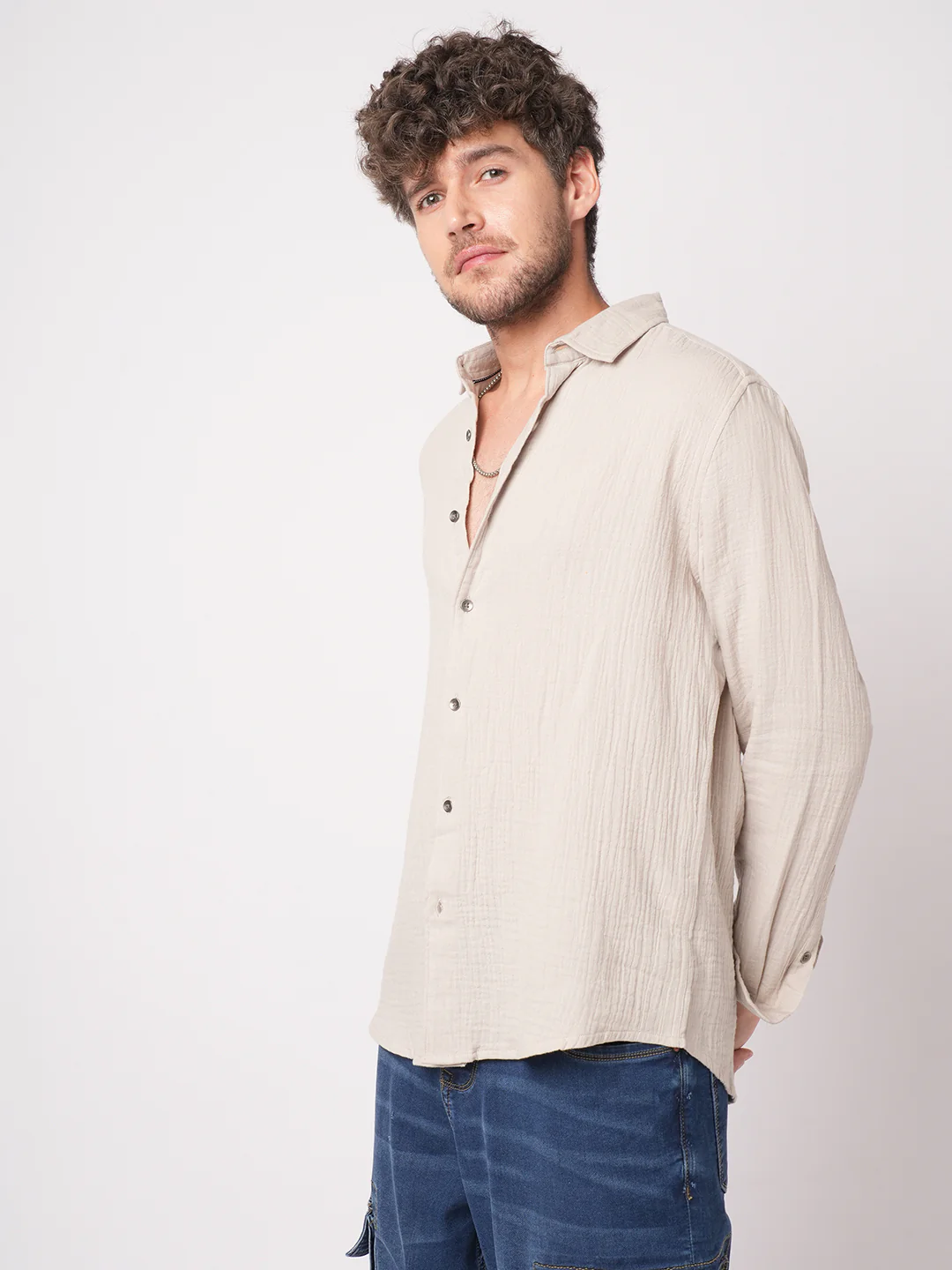 Malibu Beige Double Cloth Crinkled Shirt - Image 6