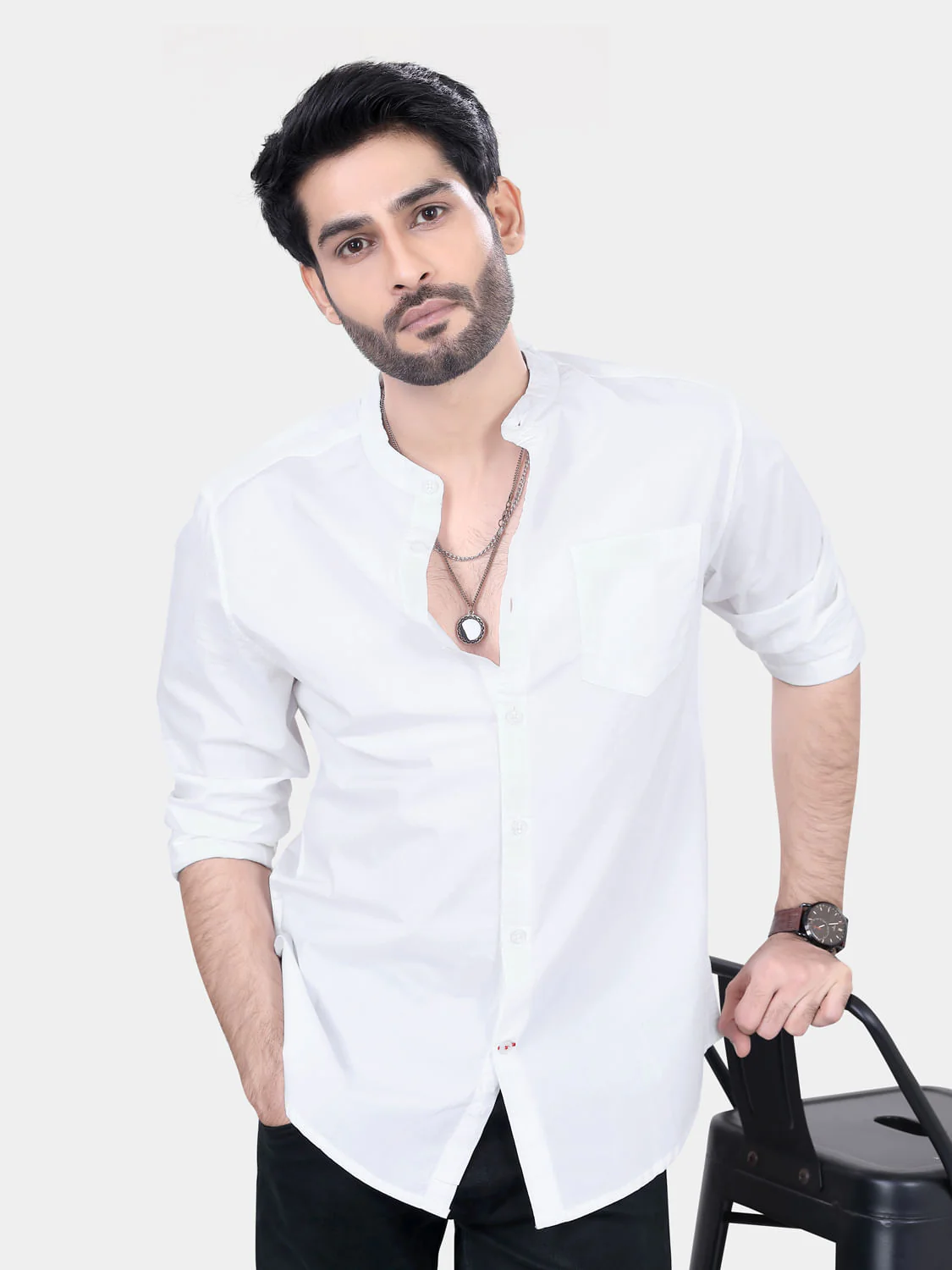 Mandarin Collar White Solid Shirt - Image 3