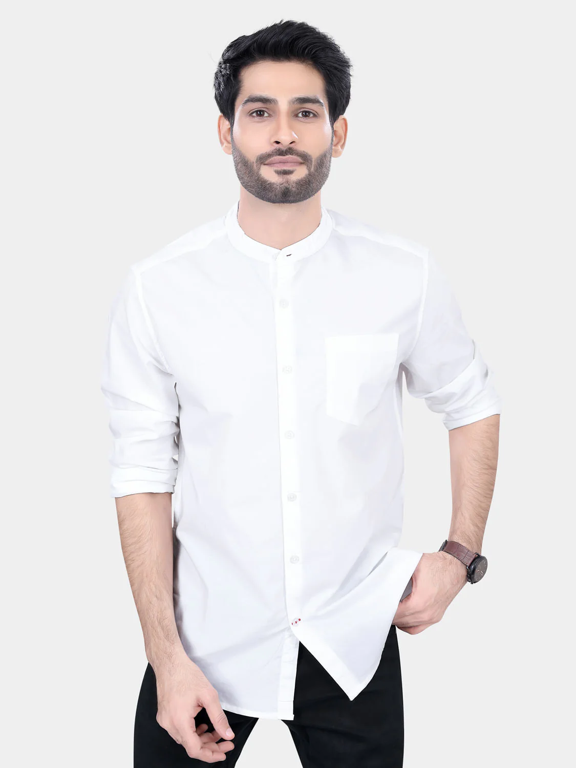 Mandarin Collar White Solid Shirt - Image 4