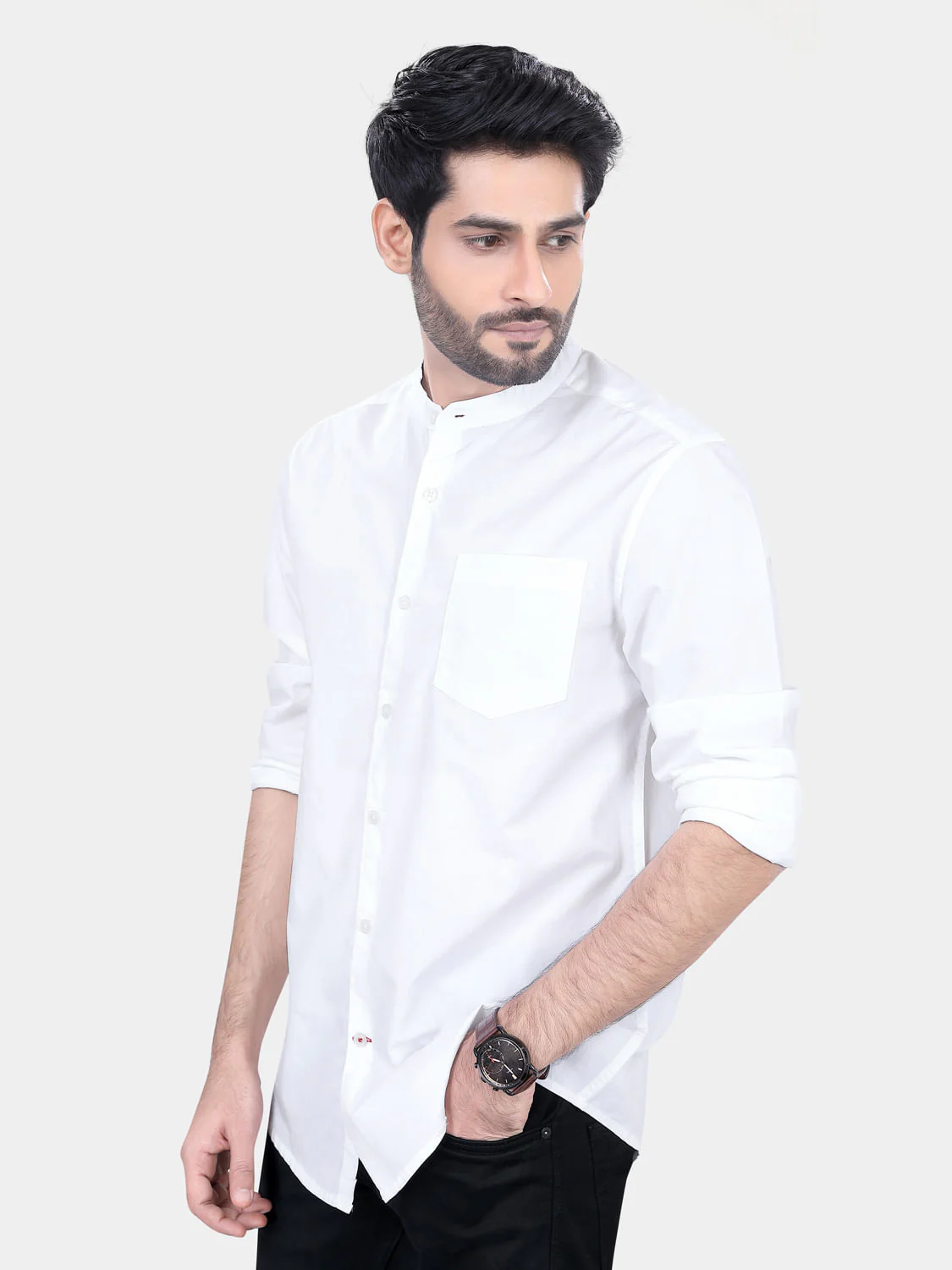 Mandarin Collar White Solid Shirt - Image 5