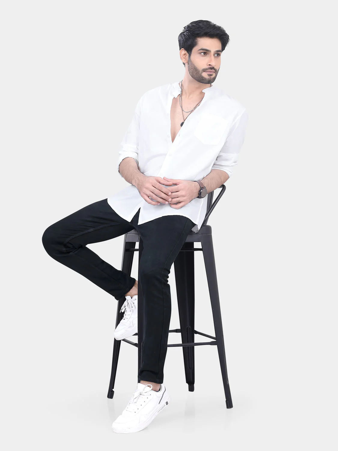 Mandarin Collar White Solid Shirt - Image 7