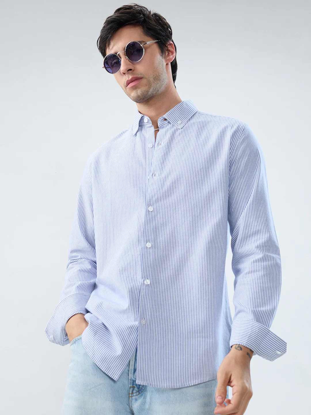 Marine Blue Pinstripe Button-Down Collar Shirt - Image 2