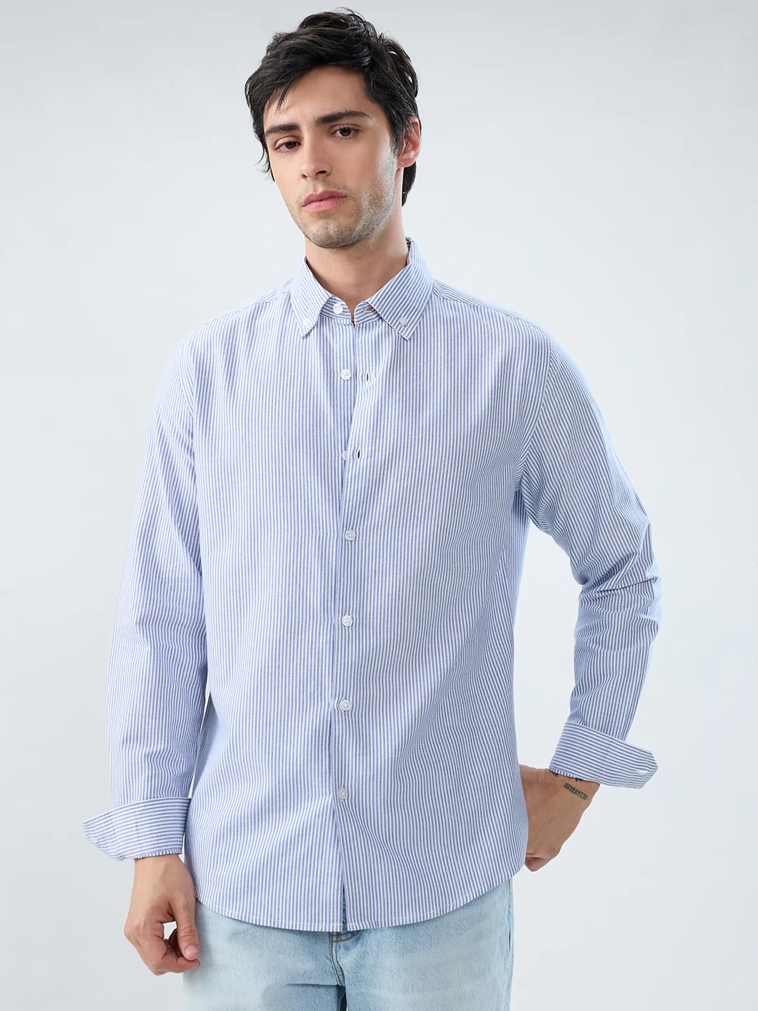 Marine Blue Pinstripe Button-Down Collar Shirt - Image 4
