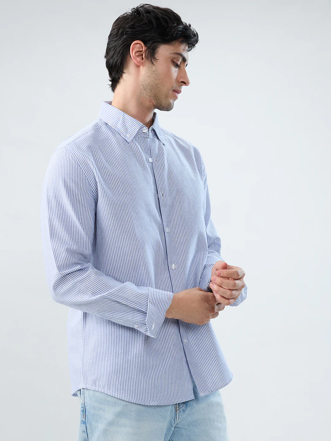 Marine Blue Pinstripe Button-Down Collar Shirt - Image 5