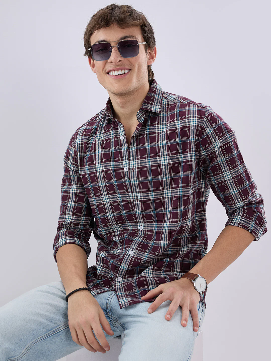 Maroon & Blue Tartan Checked Shirt - Image 2