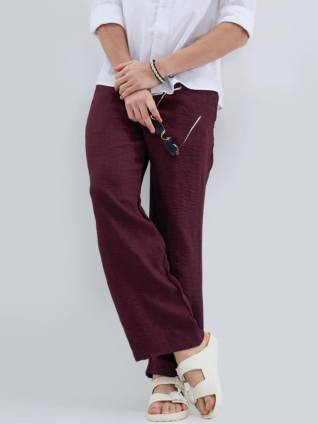 Maroon Slub Textured Wide-Leg Trousers - Image 2
