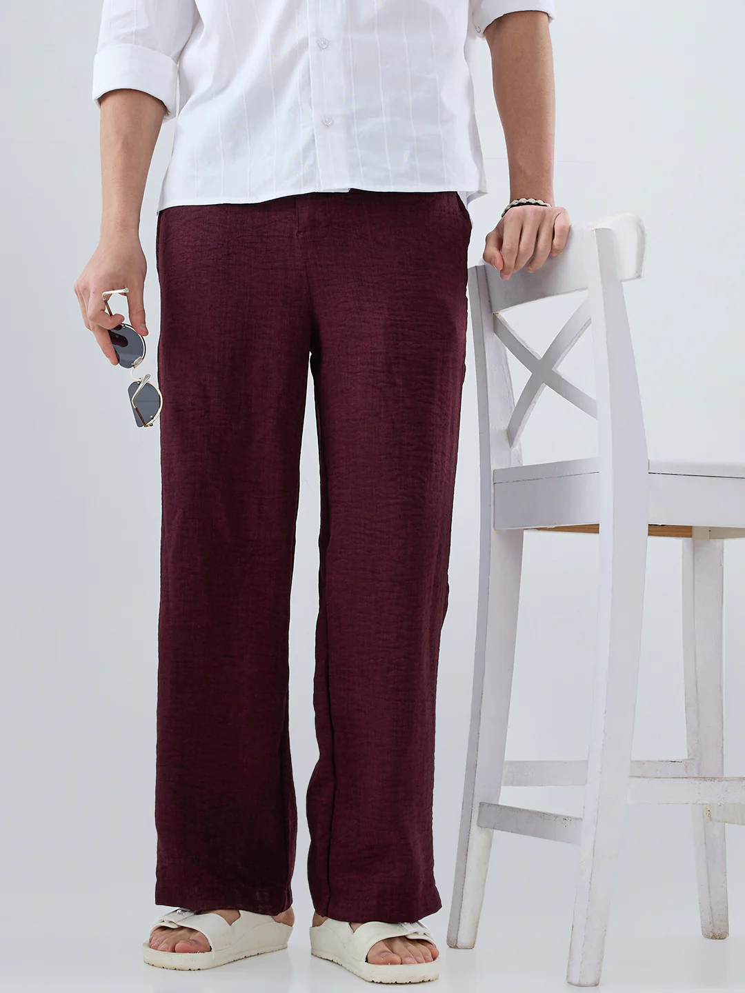 Maroon Slub Textured Wide-Leg Trousers - Image 4