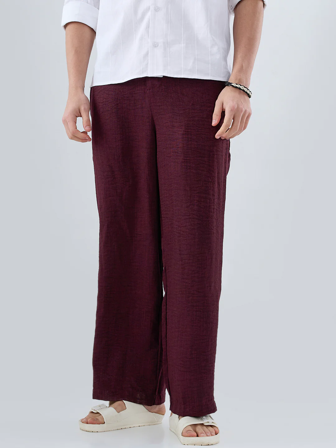 Maroon Slub Textured Wide-Leg Trousers - Image 5