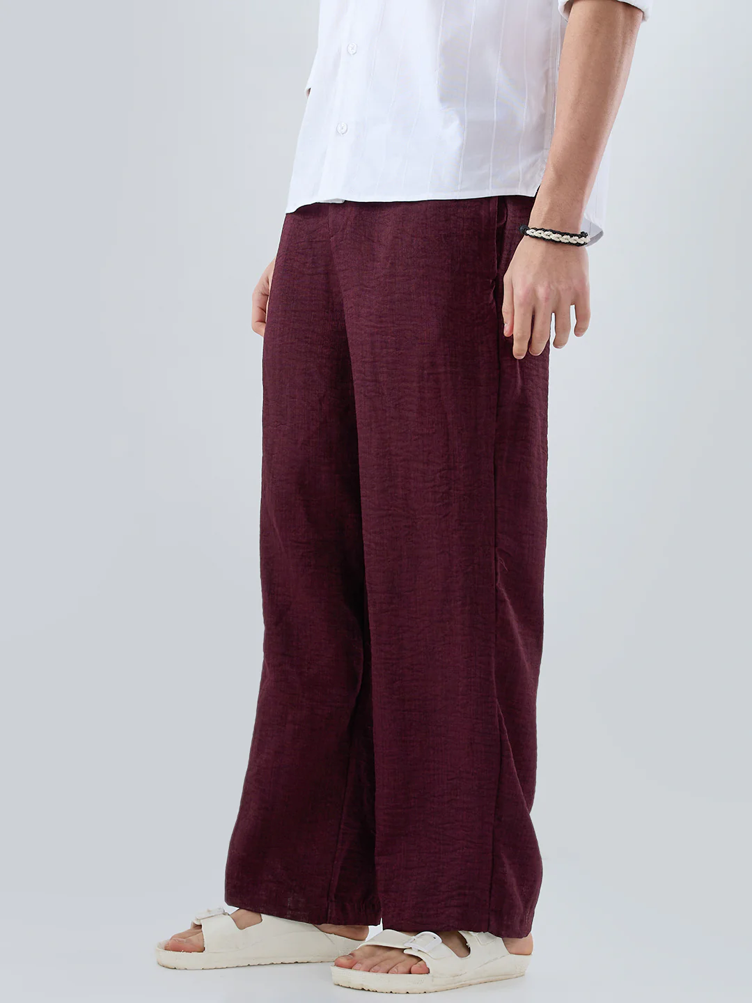 Maroon Slub Textured Wide-Leg Trousers - Image 6