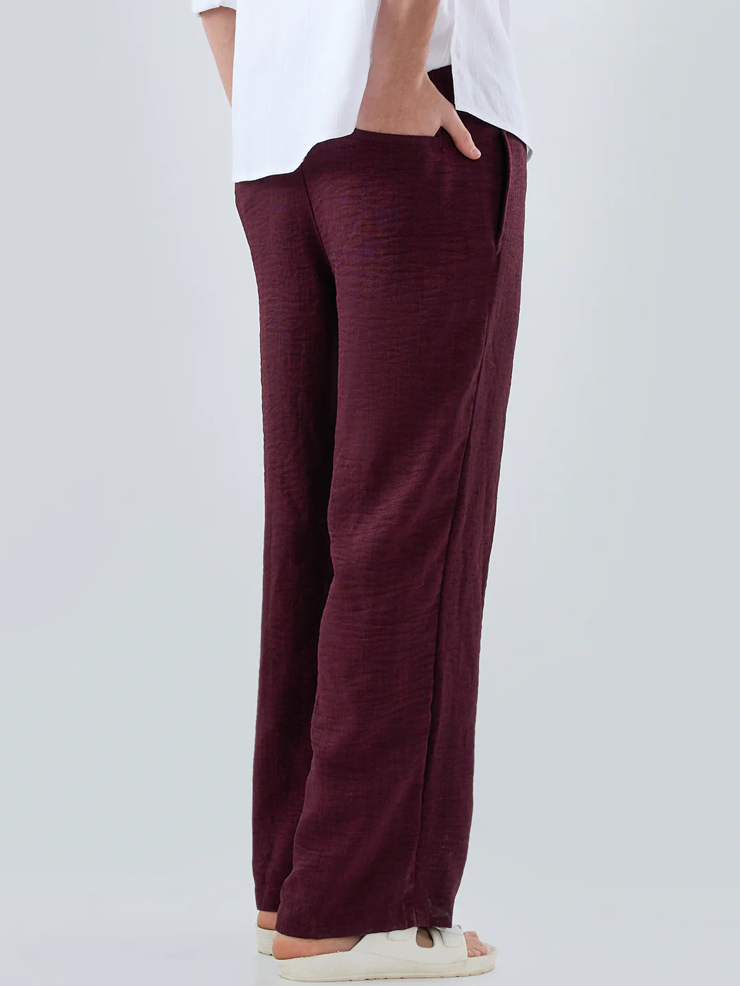 Maroon Slub Textured Wide-Leg Trousers - Image 7