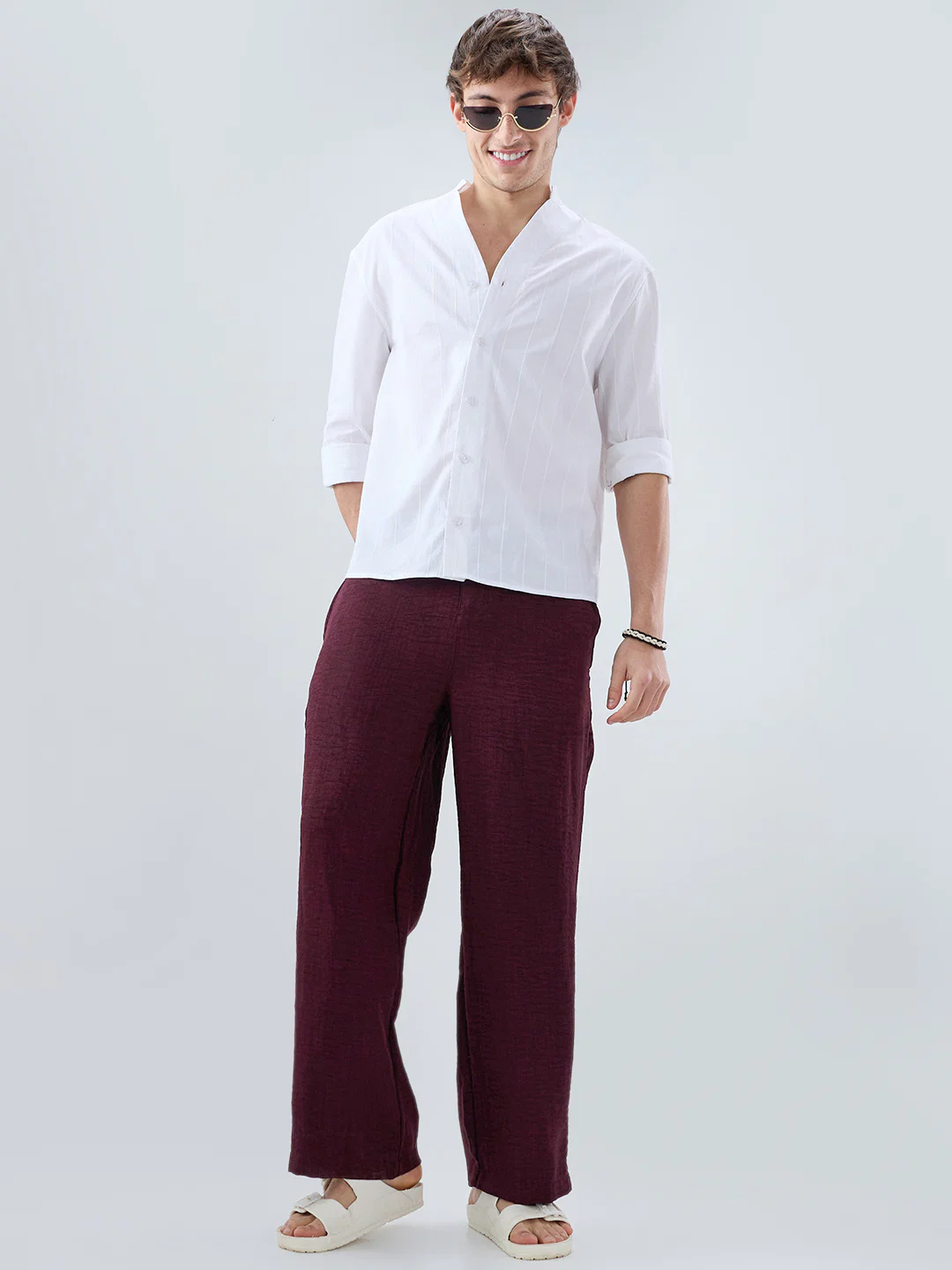 Maroon Slub Textured Wide-Leg Trousers - Image 8