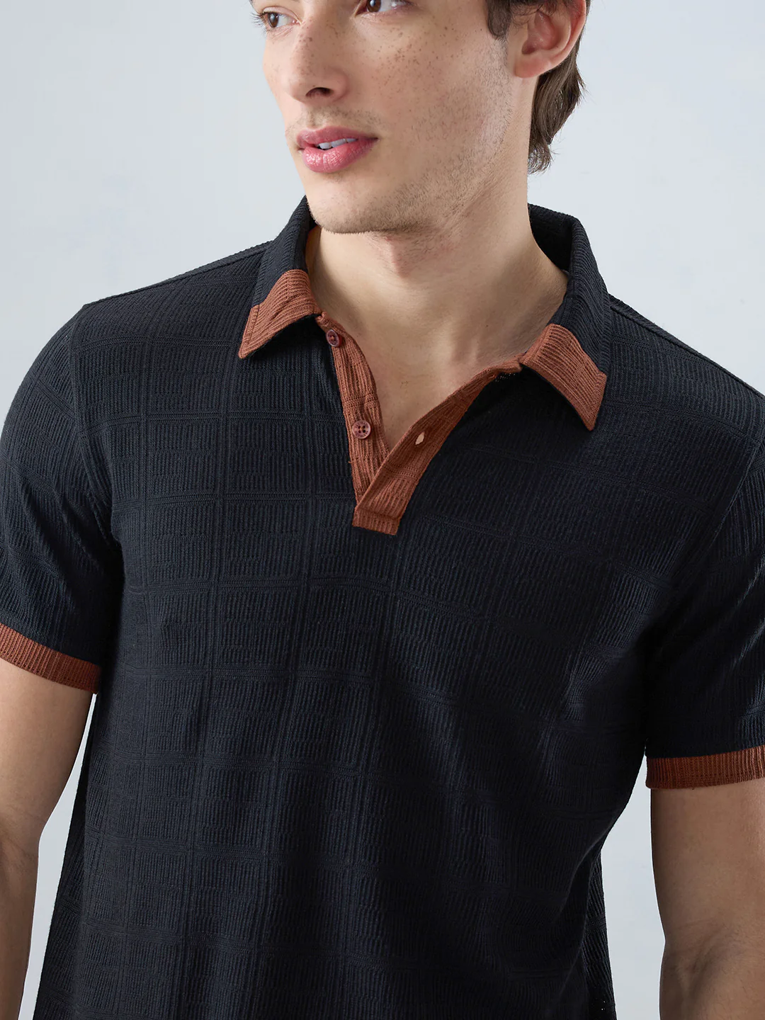 Matte Black Contrast Polo Neck Knit T-shirt - Image 3