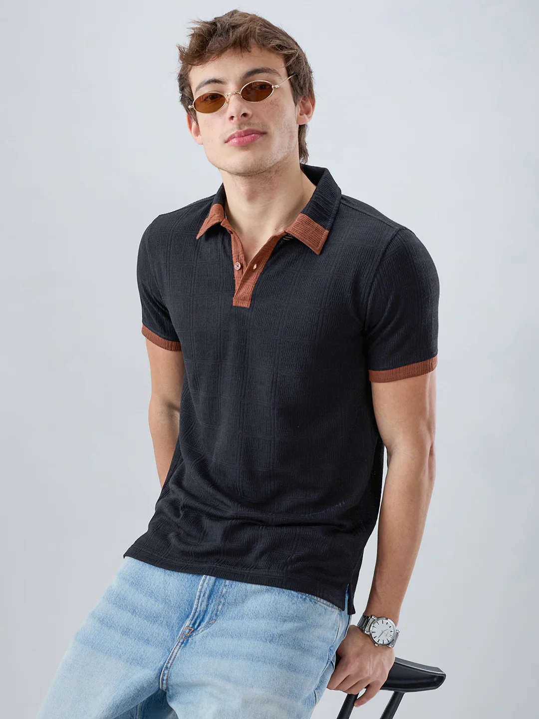Matte Black Contrast Polo Neck Knit T-shirt - Image 4