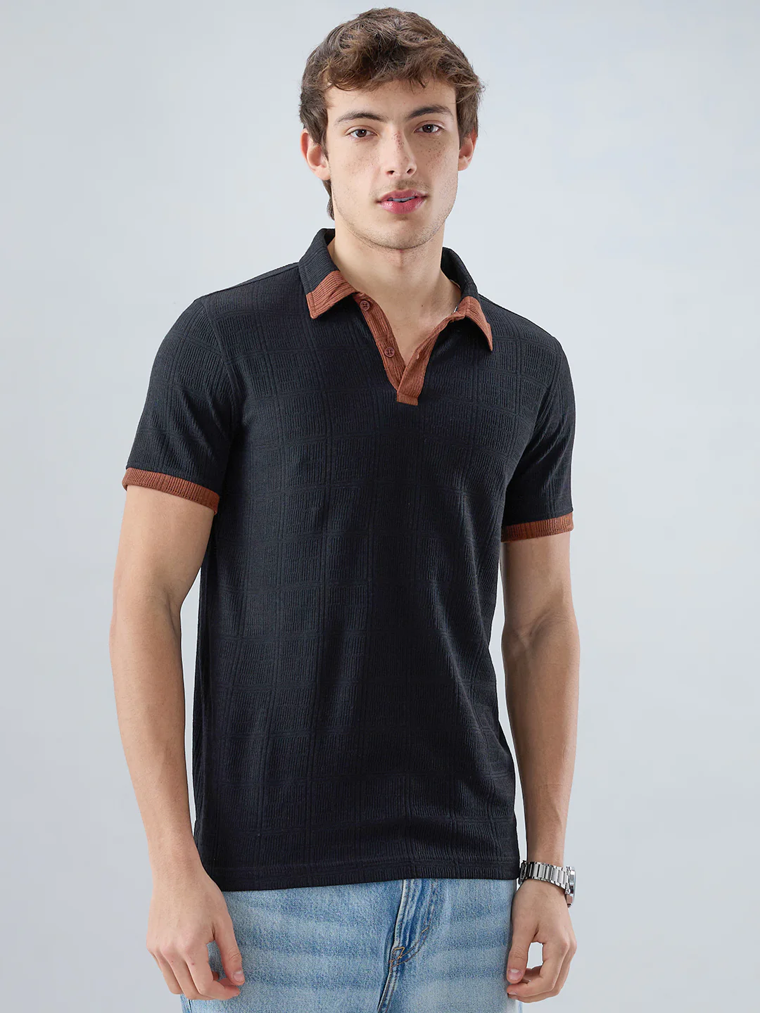 Matte Black Contrast Polo Neck Knit T-shirt - Image 5