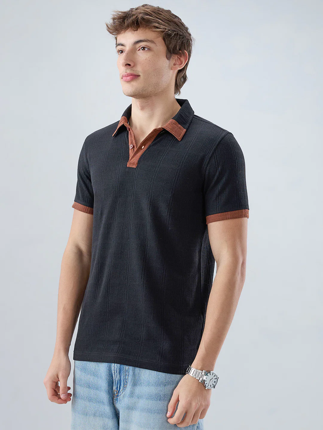 Matte Black Contrast Polo Neck Knit T-shirt - Image 6