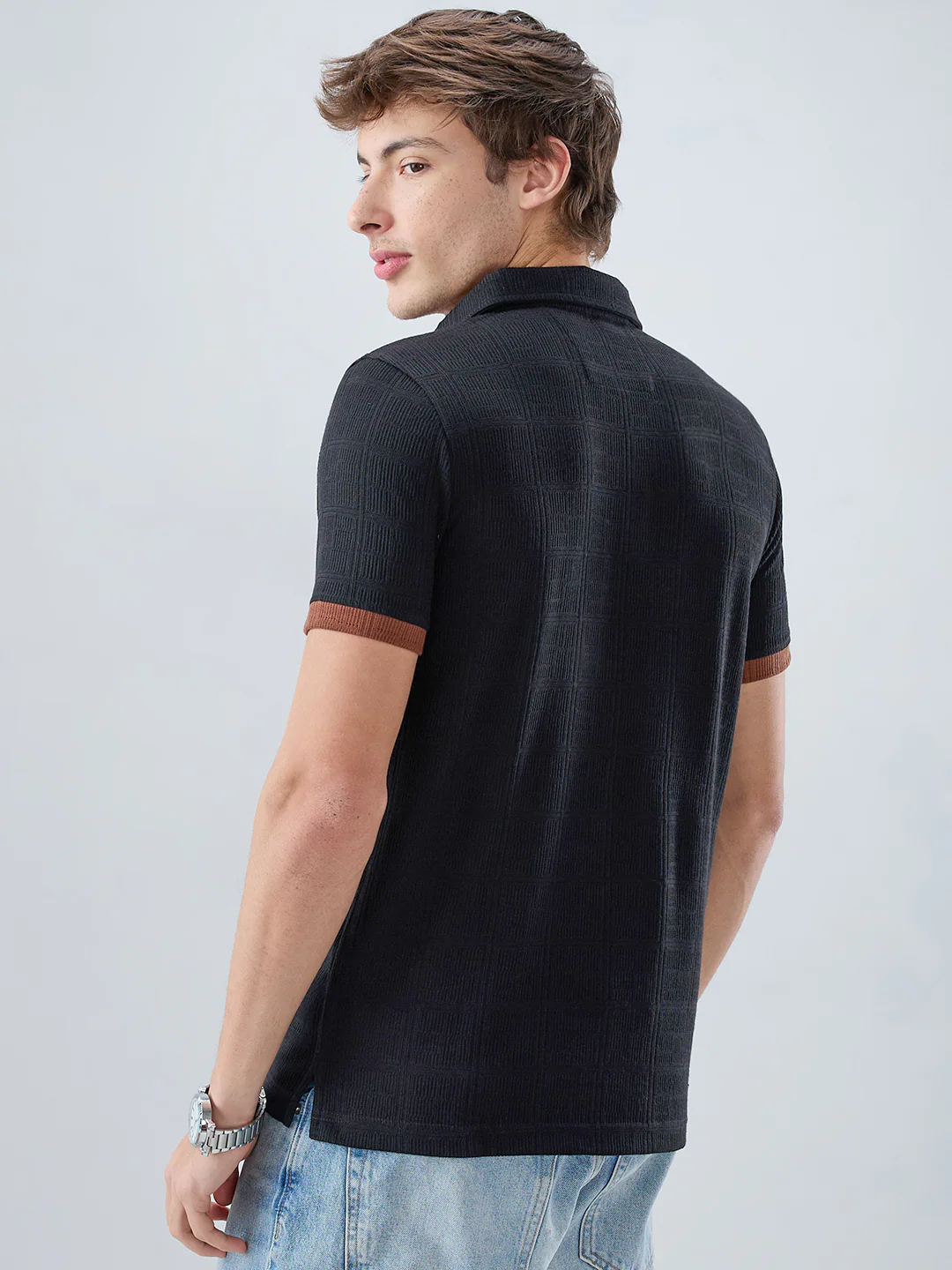 Matte Black Contrast Polo Neck Knit T-shirt - Image 7