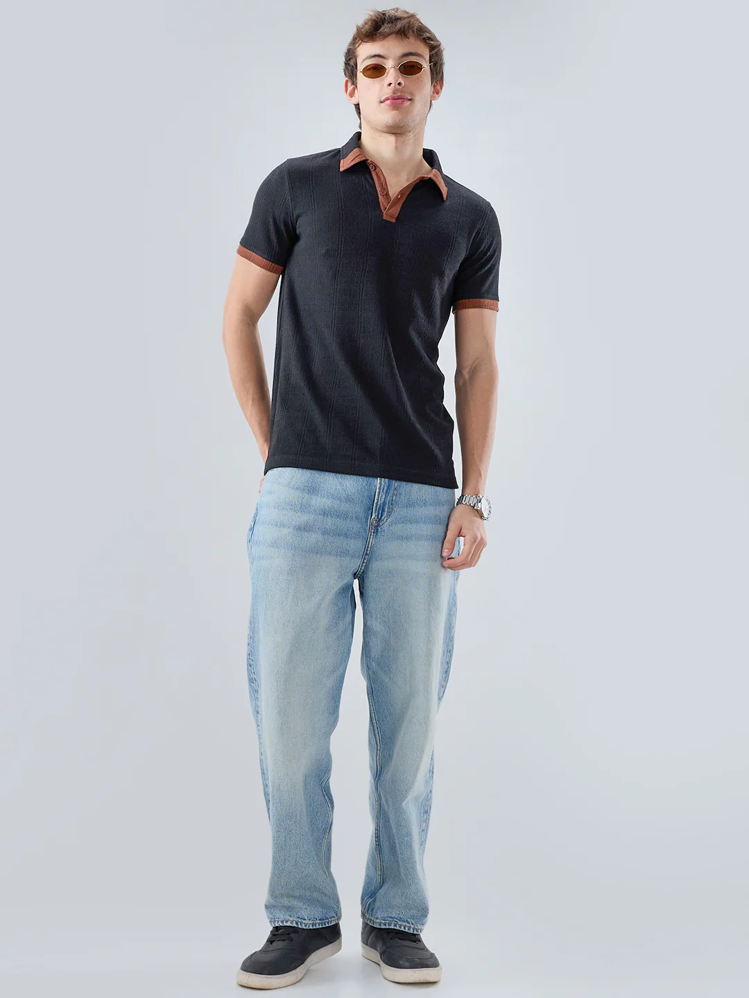 Matte Black Contrast Polo Neck Knit T-shirt - Image 8