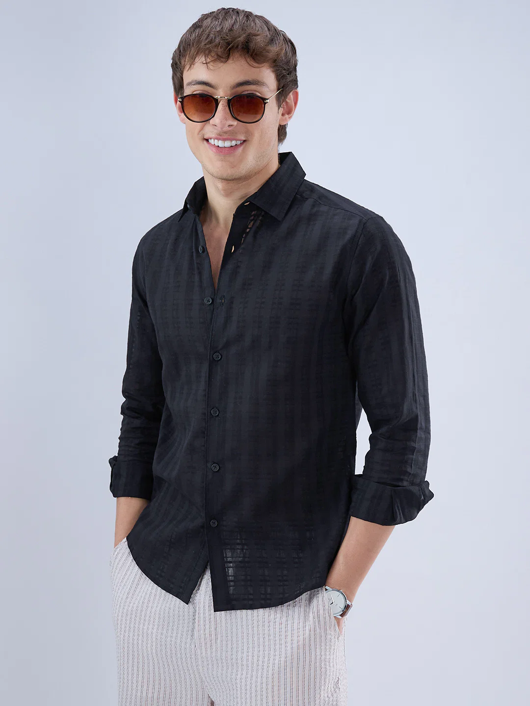 Metal Black Textured Checks Shirt - Image 4