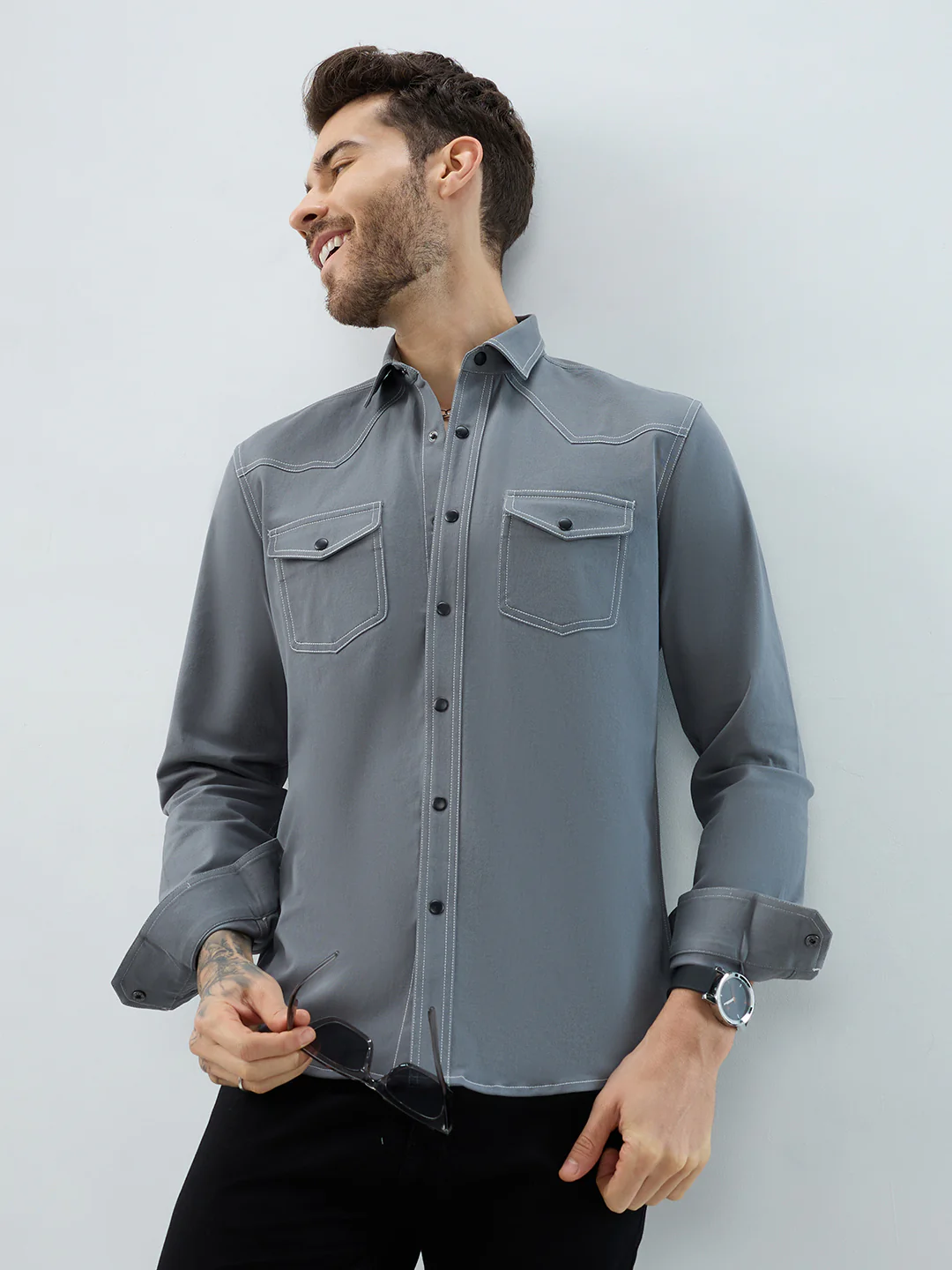 Metallic Grey Contrast Stitch Double Pocket Overshirt - Image 2
