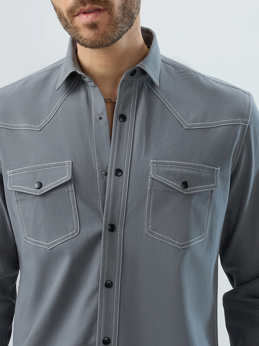Metallic Grey Contrast Stitch Double Pocket Overshirt - Image 3