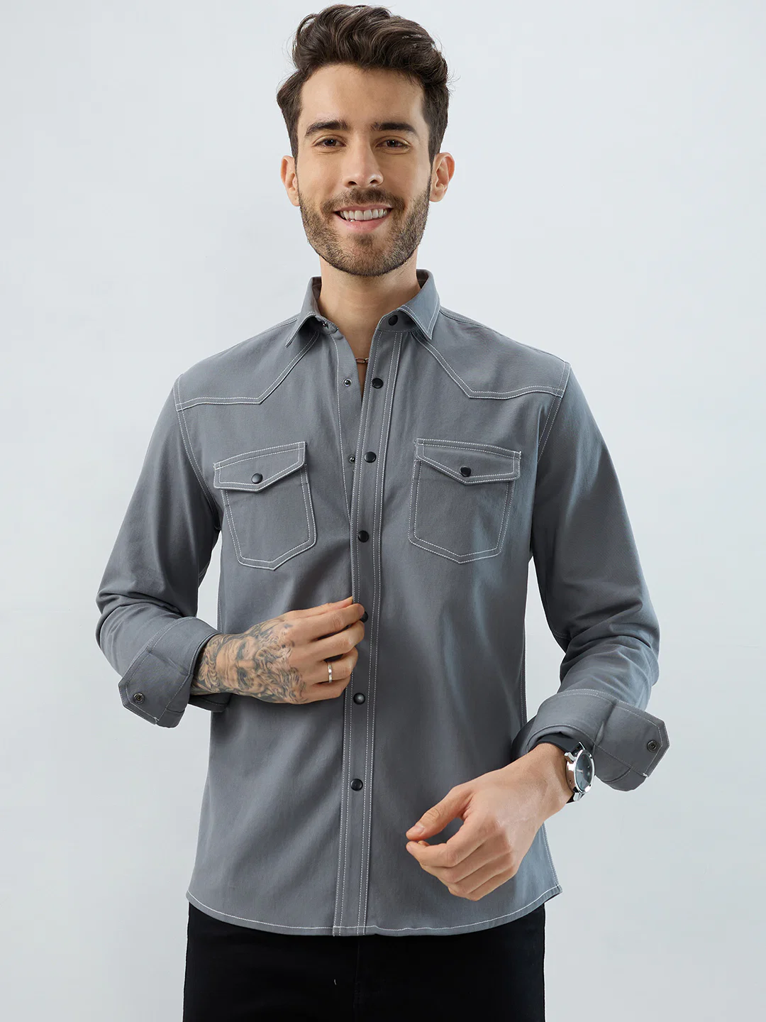 Metallic Grey Contrast Stitch Double Pocket Overshirt - Image 4