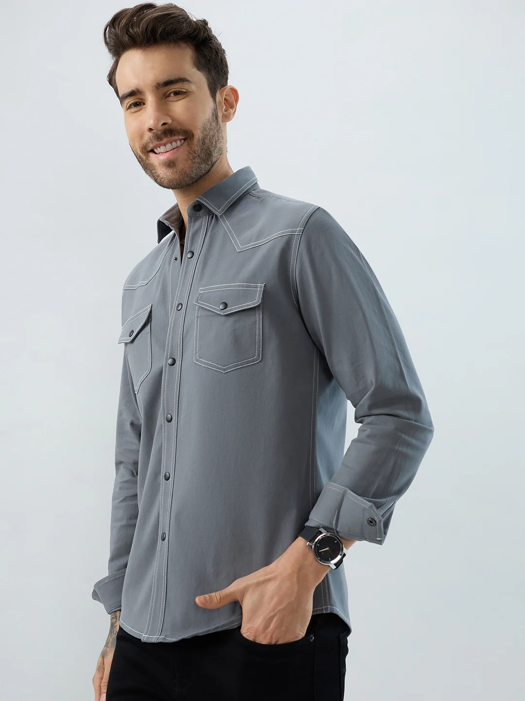 Metallic Grey Contrast Stitch Double Pocket Overshirt - Image 5