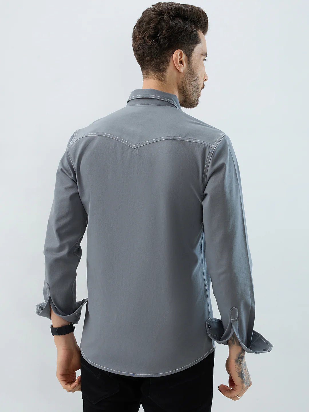Metallic Grey Contrast Stitch Double Pocket Overshirt - Image 6