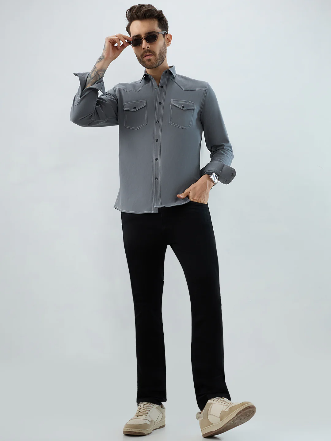 Metallic Grey Contrast Stitch Double Pocket Overshirt - Image 7