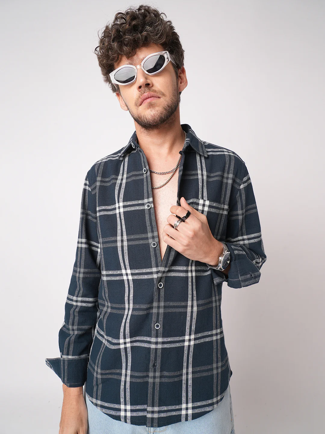 Midnight Blue Classic Plaid Checks Jacquard Shirt - Image 2