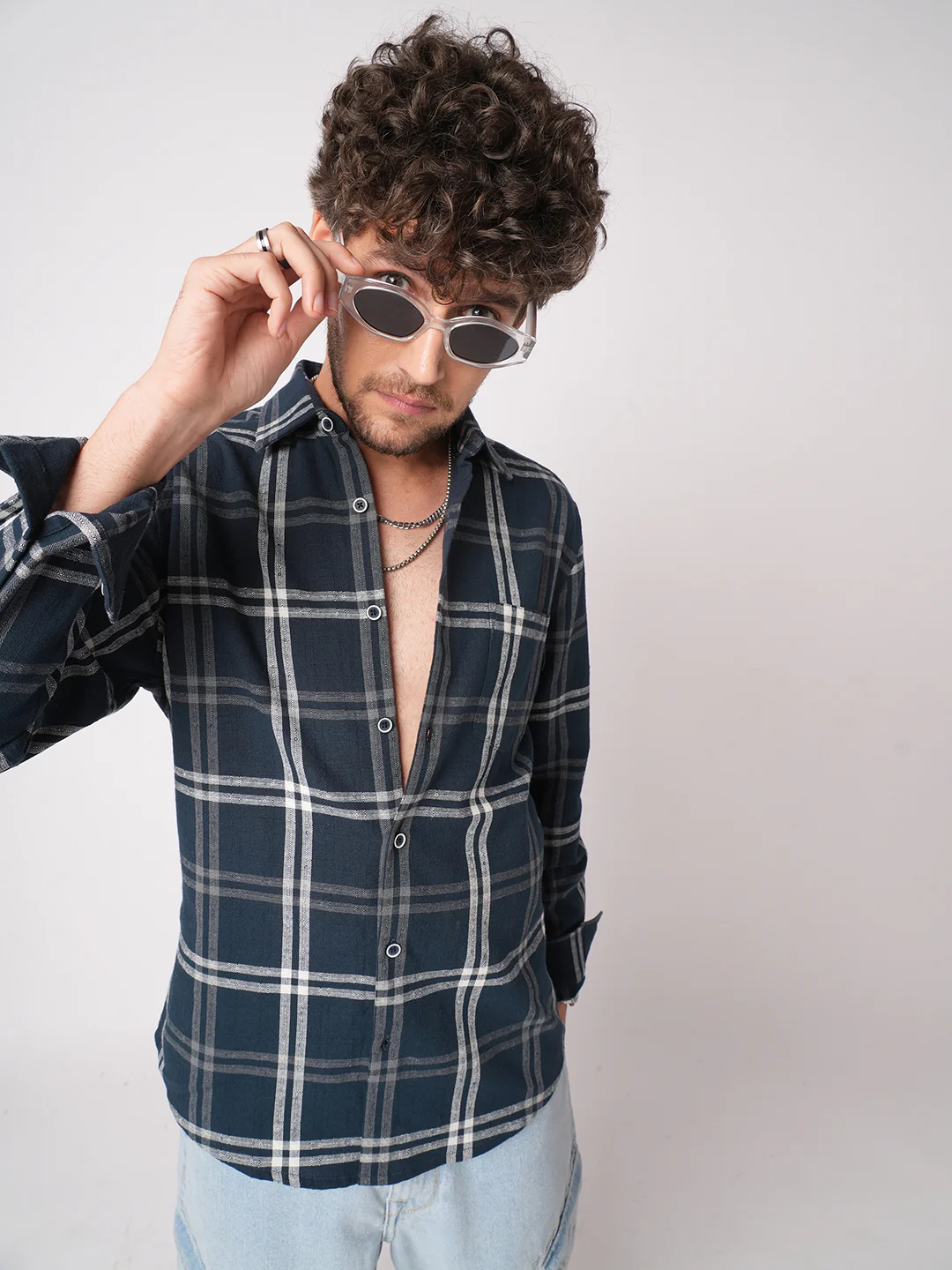 Midnight Blue Classic Plaid Checks Jacquard Shirt - Image 4